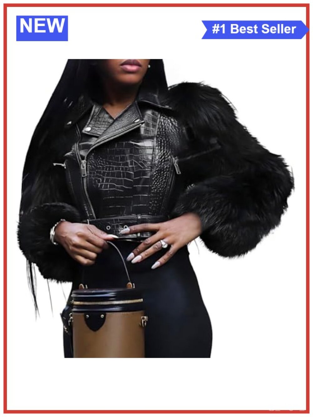 Faux Leather Cropped Moto Jacket with Faux Fur Sleeves